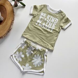 New • Little Co. Organic Be Kind Sage Ringer Tee & Track Short Outfit | 12m